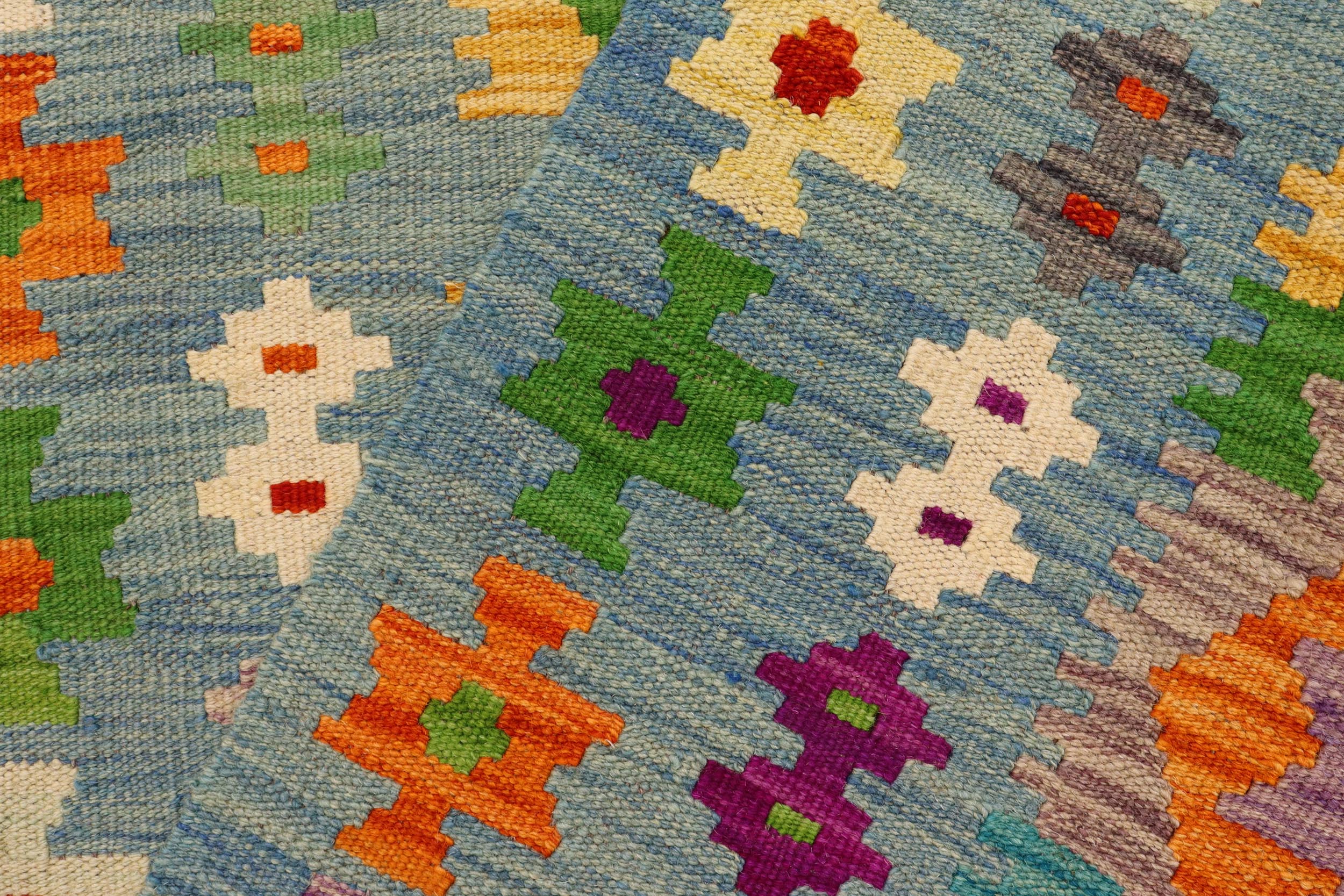 handmade Geometric Kilim Orange Blue Hand-Woven RUNNER 100% WOOL area rug 3' x 7'