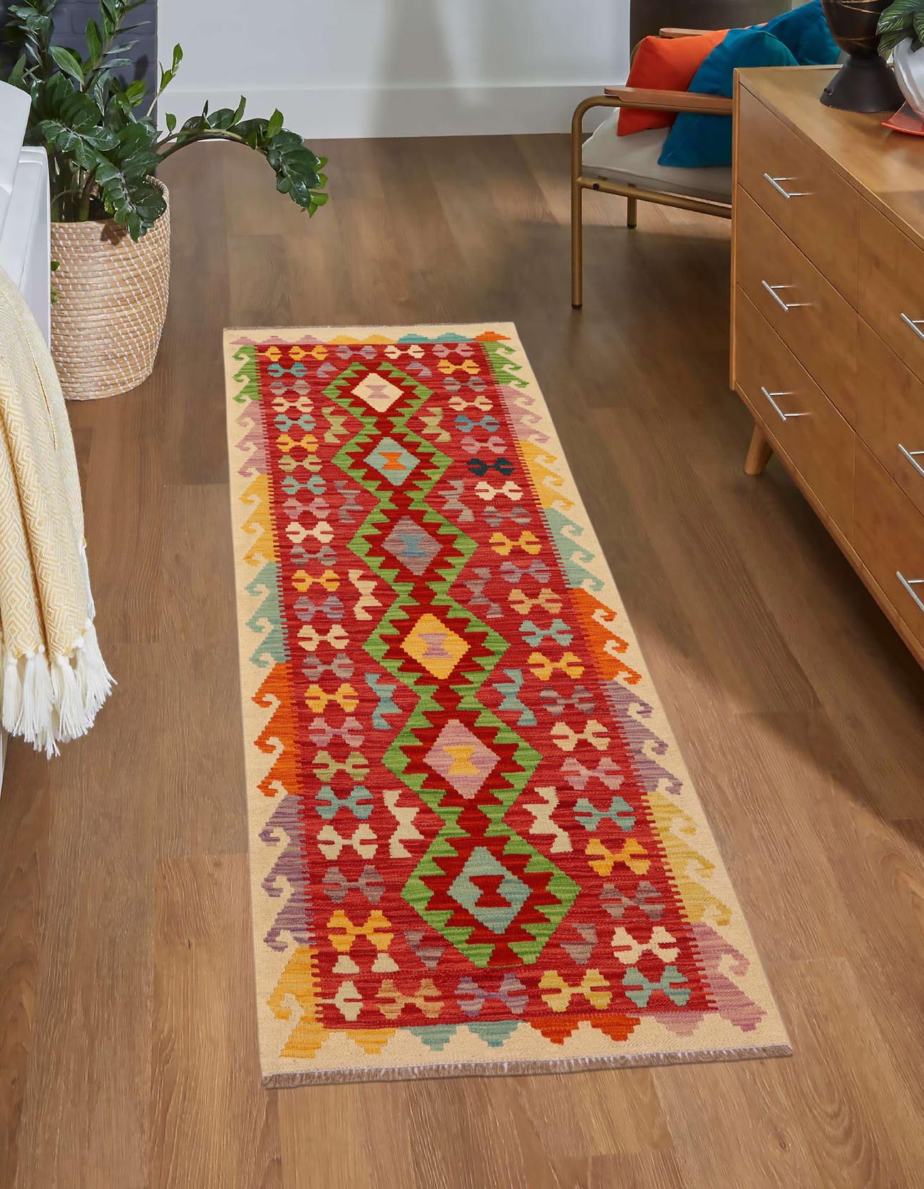 handmade Geometric Kilim Rust Red Hand-Woven RUNNER 100% WOOL area rug 3' x 7'