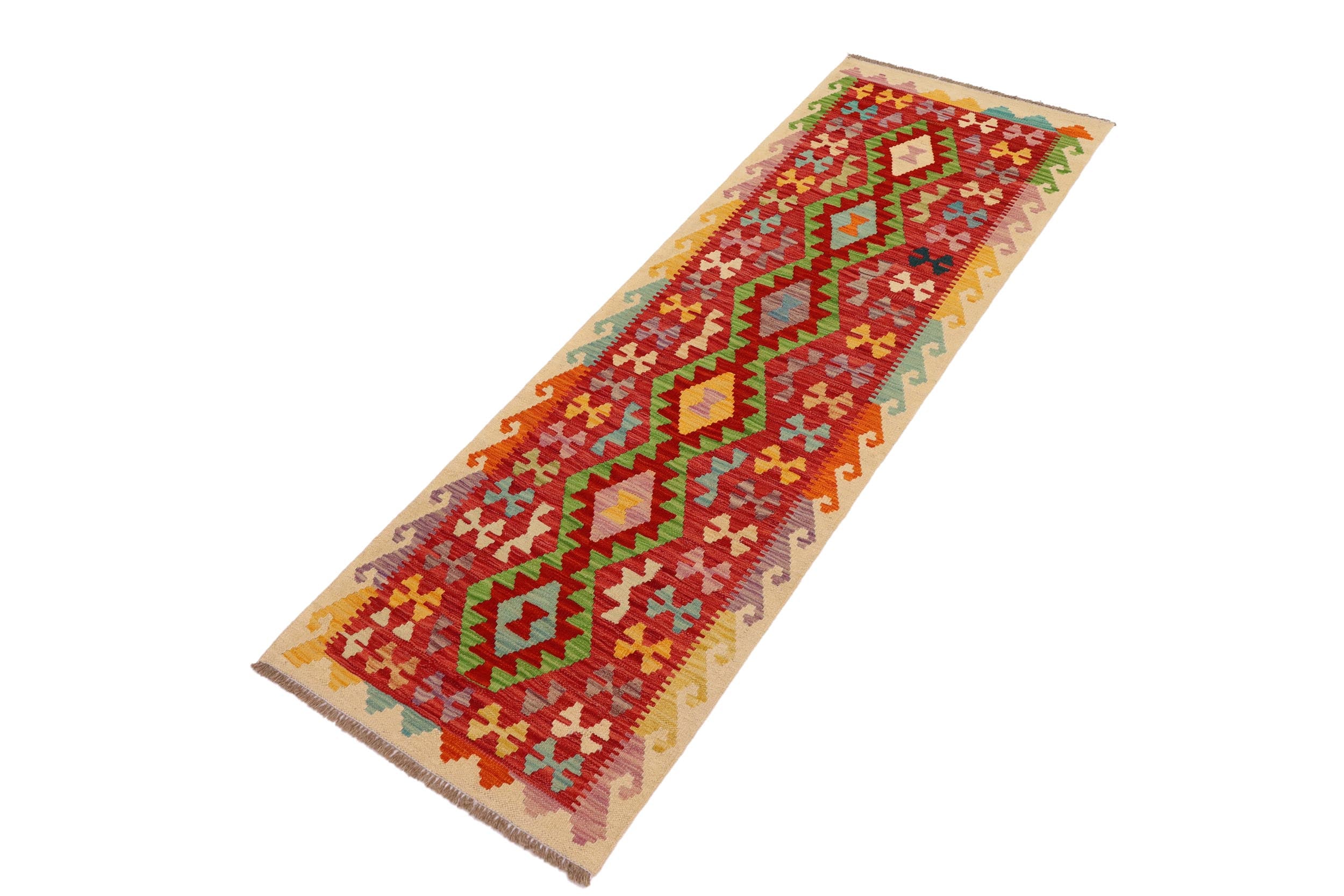 handmade Geometric Kilim Rust Red Hand-Woven RUNNER 100% WOOL area rug 3' x 7'
