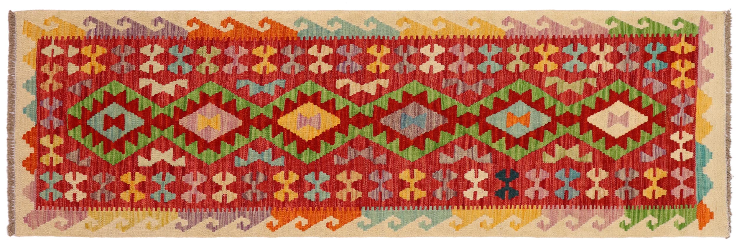 handmade Geometric Kilim Rust Red Hand-Woven RUNNER 100% WOOL area rug 3' x 7'