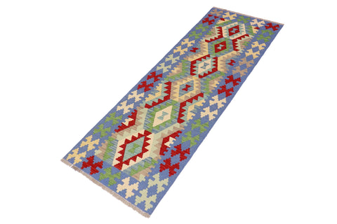 handmade Geometric Kilim Blue Red Hand-Woven RUNNER 100% WOOL area rug 3' x 6'