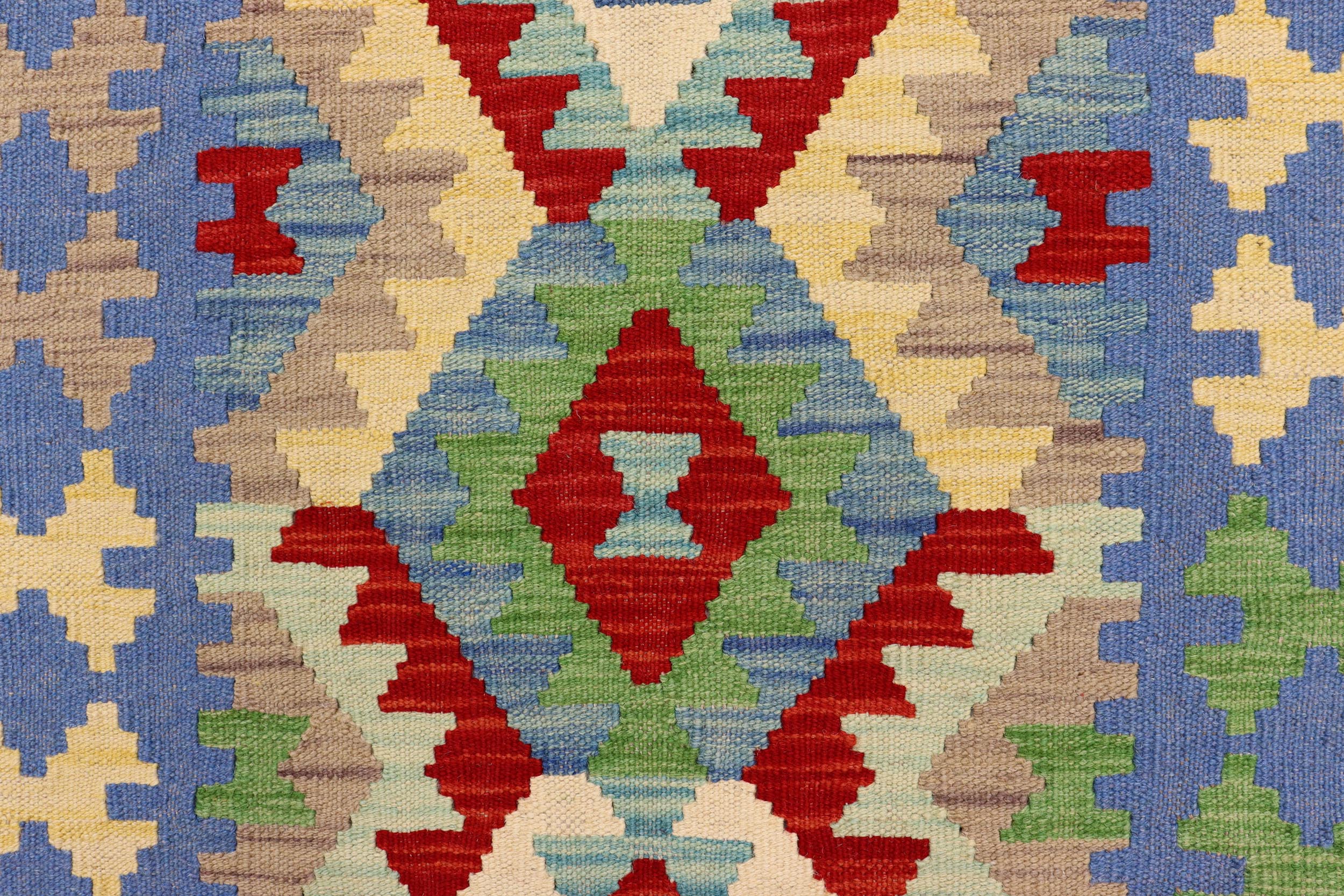handmade Geometric Kilim Blue Red Hand-Woven RUNNER 100% WOOL area rug 3' x 6'