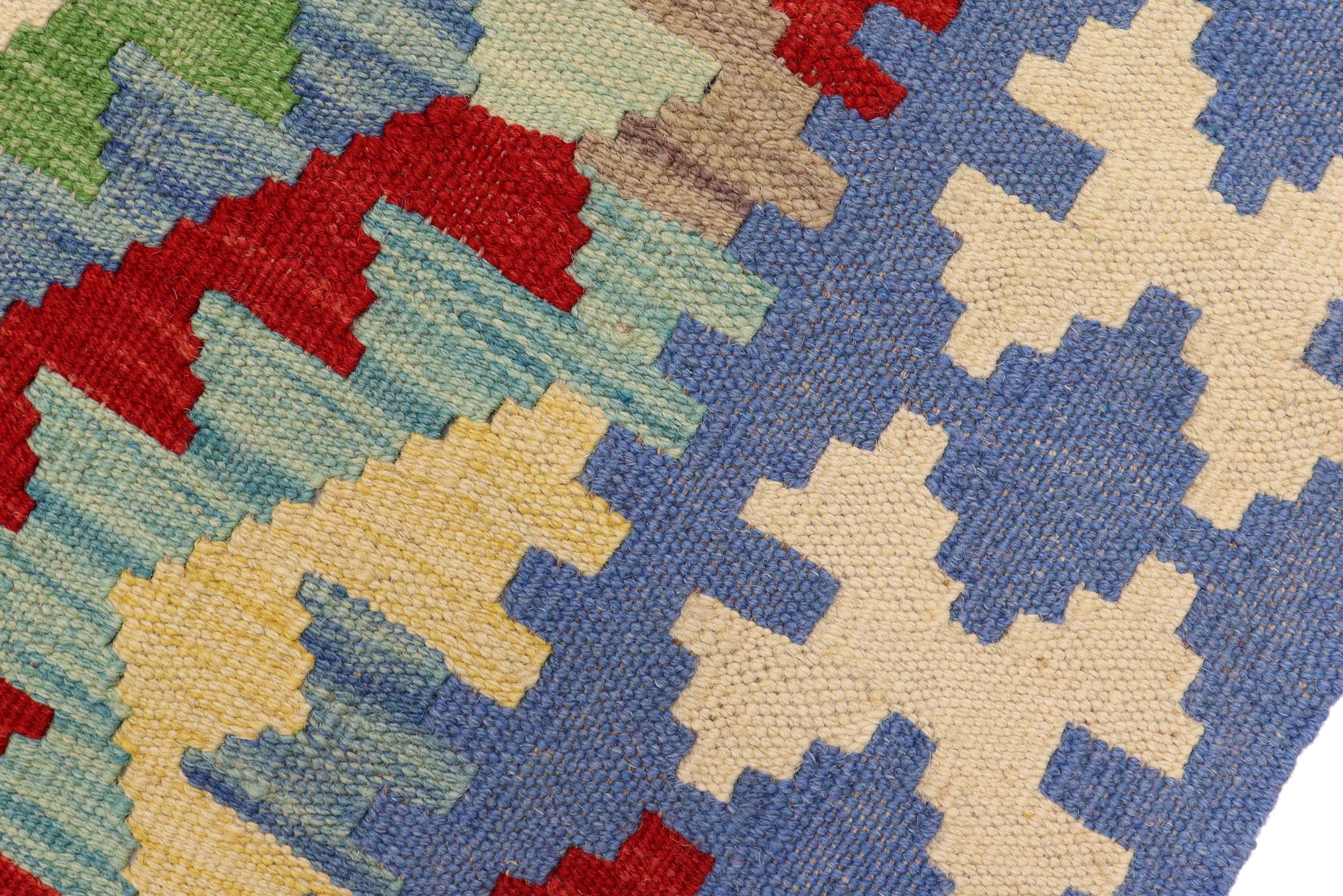handmade Geometric Kilim Blue Red Hand-Woven RUNNER 100% WOOL area rug 3' x 6'
