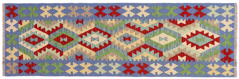 handmade Geometric Kilim Blue Red Hand-Woven RUNNER 100% WOOL area rug 3' x 6'
