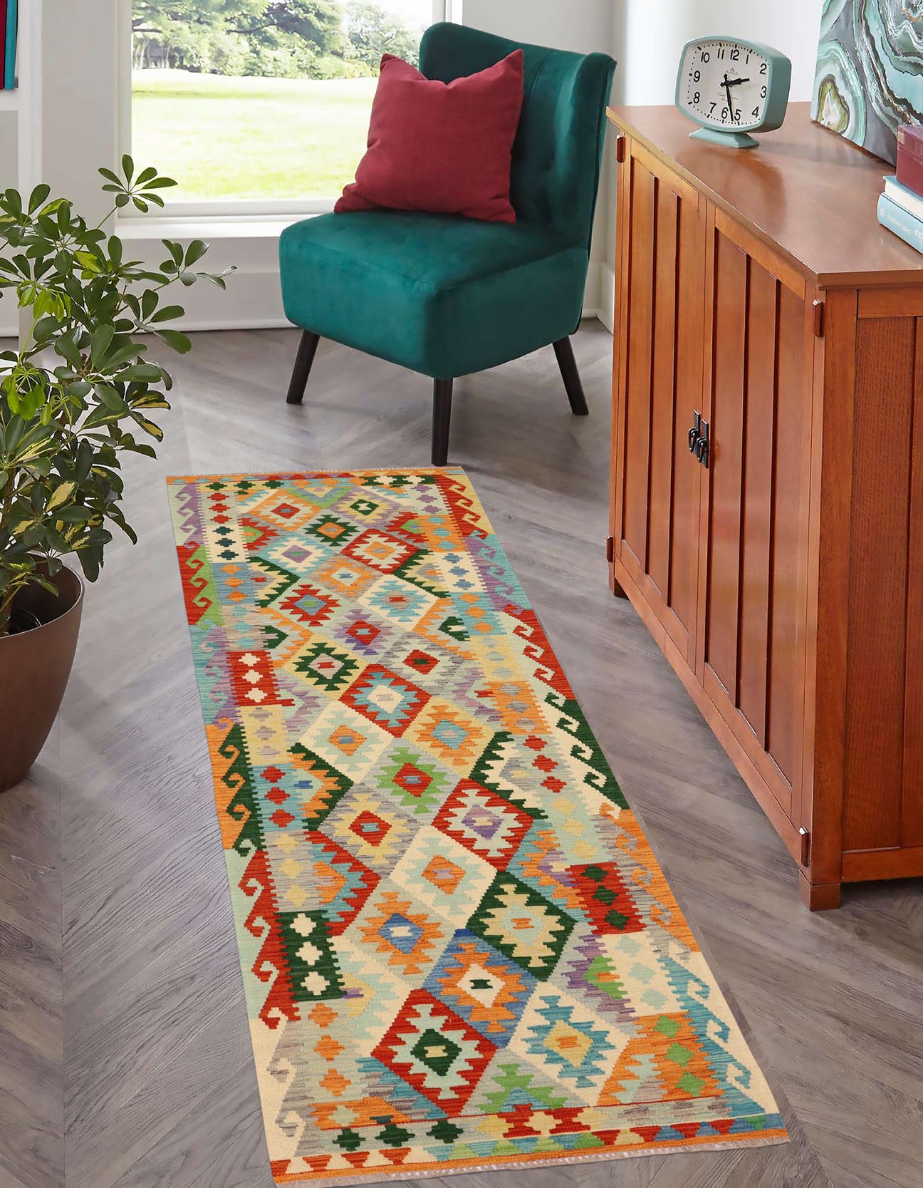 handmade Geometric Kilim Rust Blue Hand-Woven RUNNER 100% WOOL area rug 3 x 10