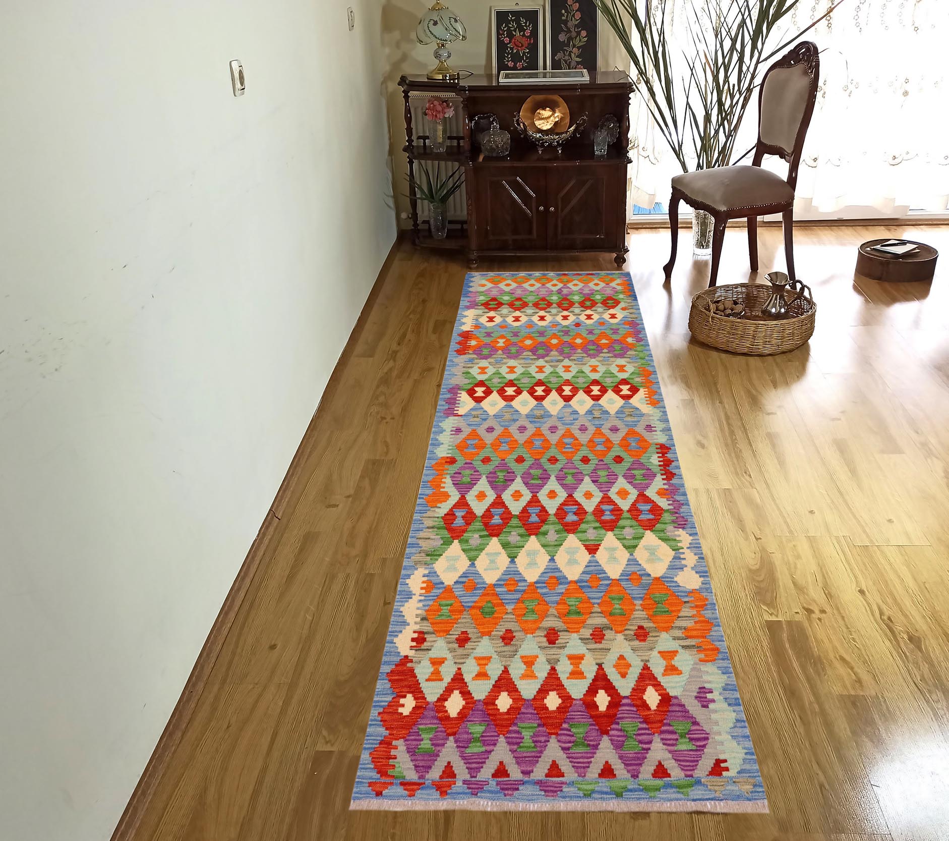 handmade Modern Kilim Blue Rust Hand-Woven RUNNER 100% WOOL area rug 3x10