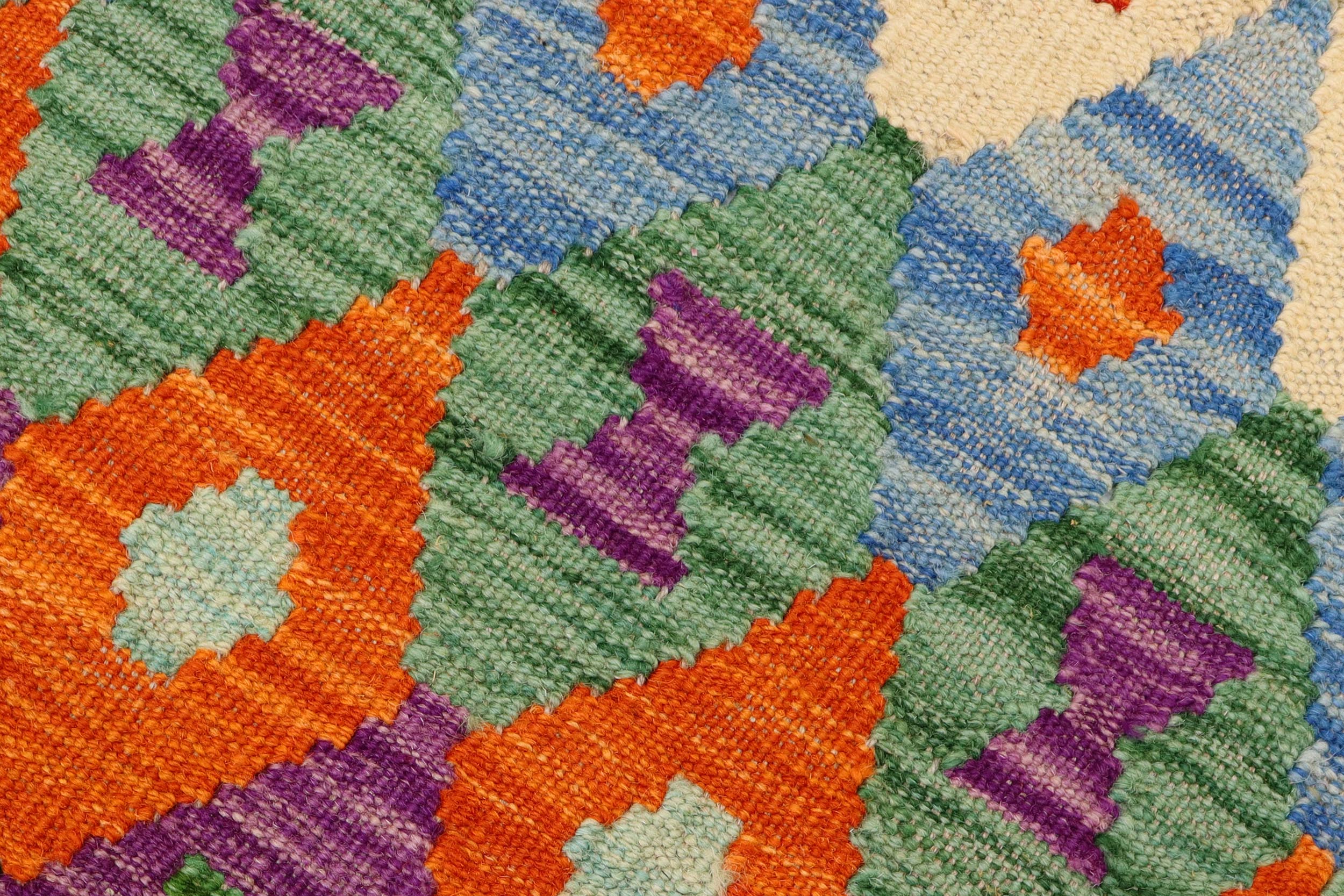 handmade Modern Kilim Blue Rust Hand-Woven RUNNER 100% WOOL area rug 3x10