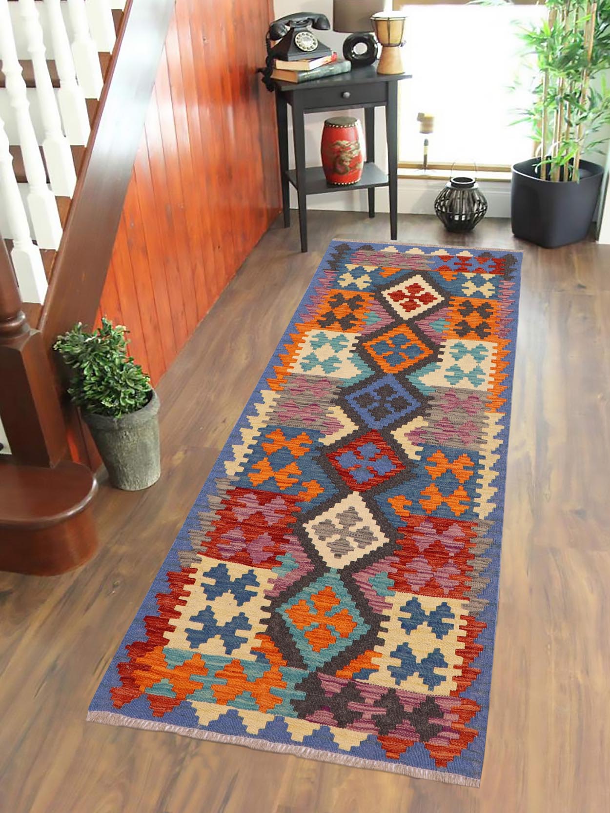 handmade Geometric Kilim Blue Rust Hand-Woven RUNNER 100% WOOL area rug 3' x 6'