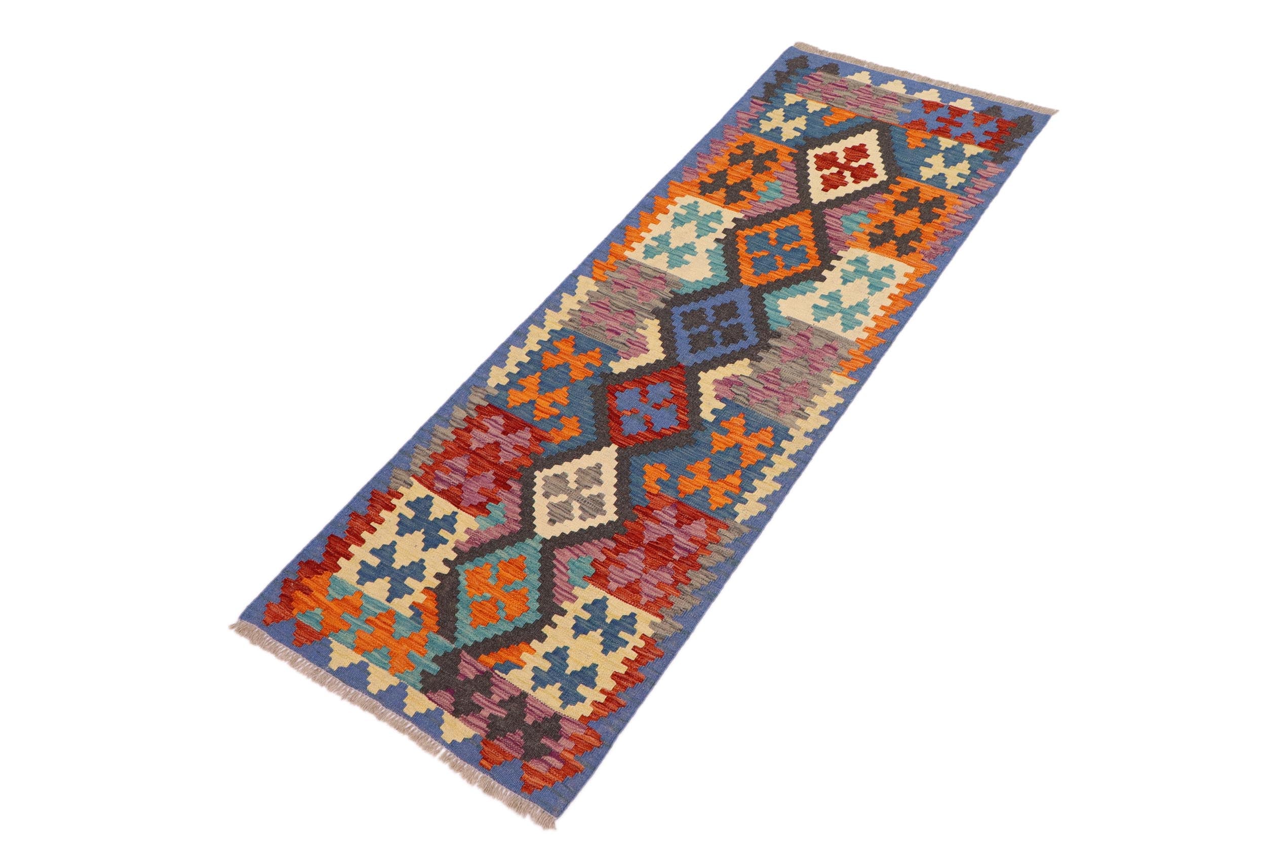 handmade Geometric Kilim Blue Rust Hand-Woven RUNNER 100% WOOL area rug 3' x 6'