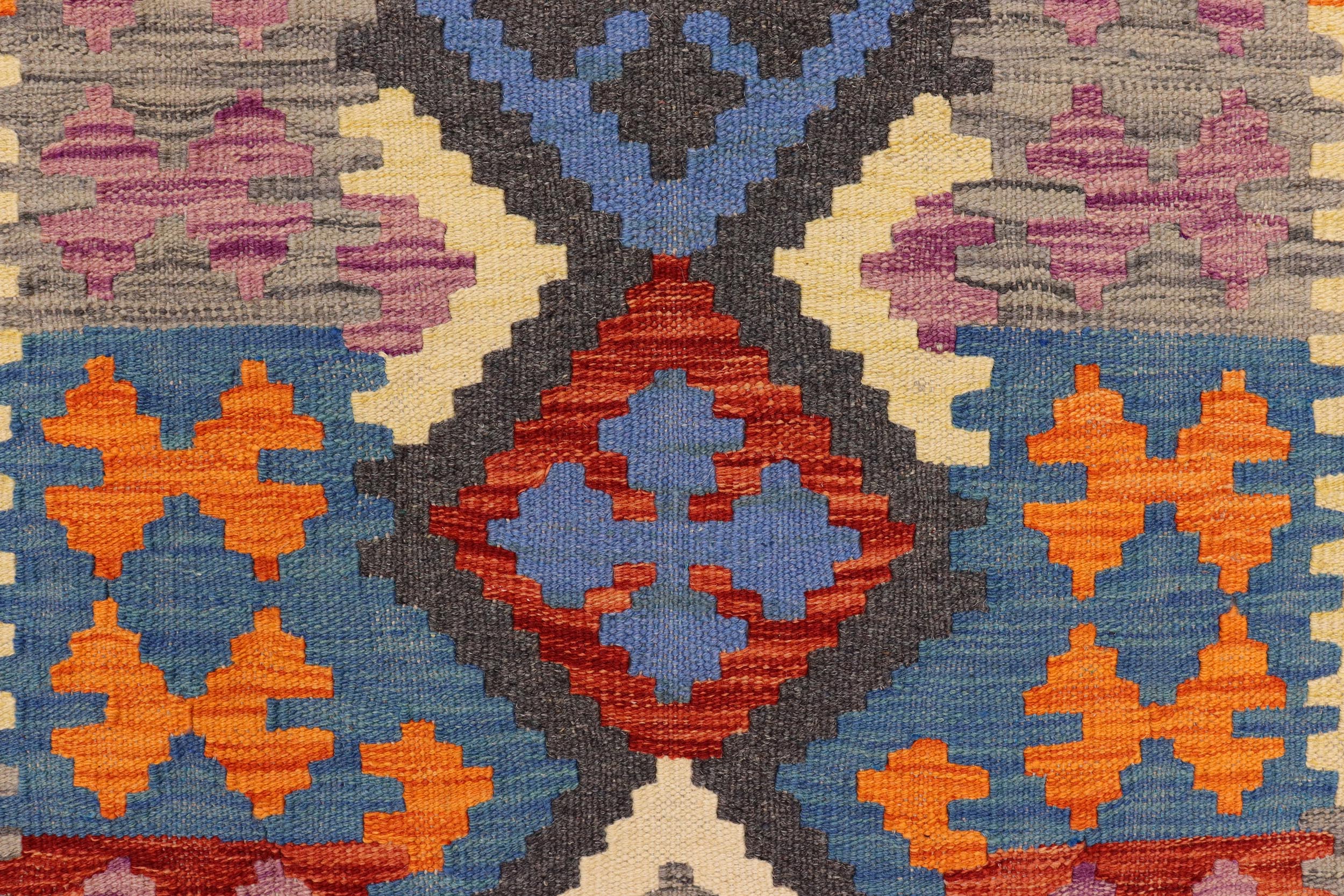 handmade Geometric Kilim Blue Rust Hand-Woven RUNNER 100% WOOL area rug 3' x 6'