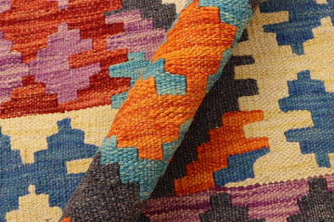 handmade Geometric Kilim Blue Rust Hand-Woven RUNNER 100% WOOL area rug 3' x 6'
