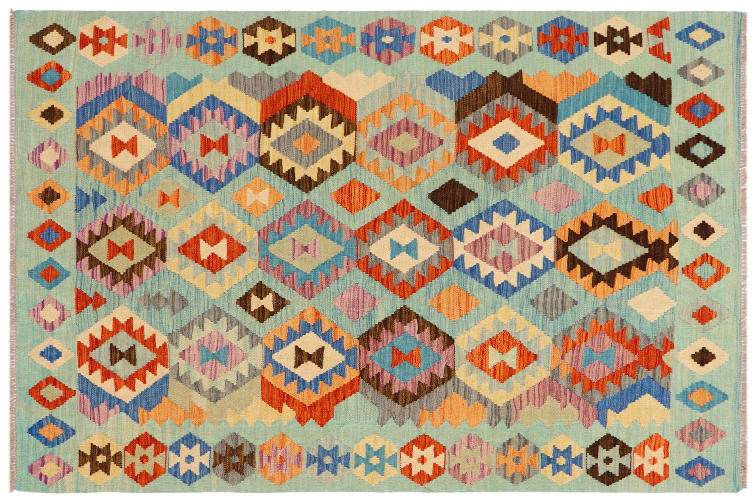 handmade Geometric Kilim Blue Rust Hand-Woven RECTANGLE 100% WOOL area rug 5x6