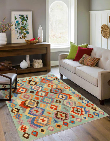 handmade Geometric Kilim Blue Rust Hand-Woven RECTANGLE 100% WOOL area rug 5x6