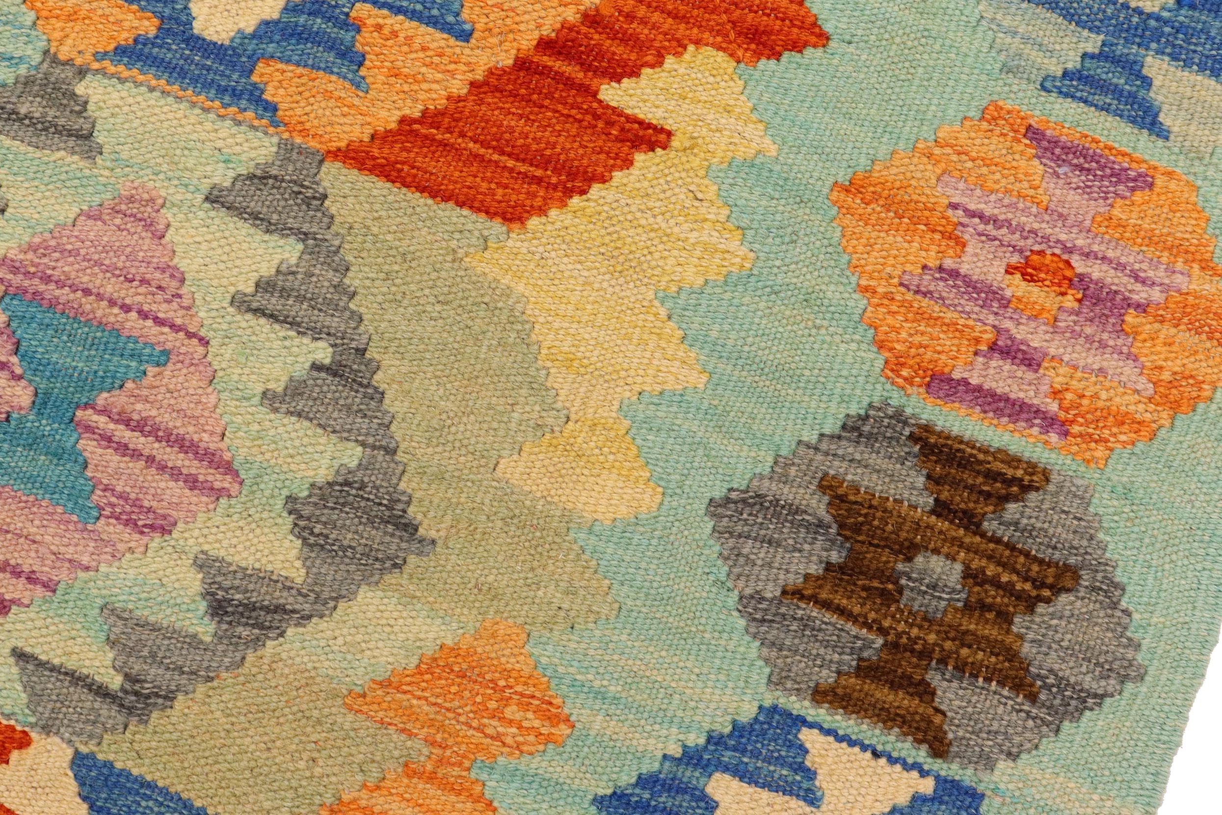 handmade Geometric Kilim Blue Rust Hand-Woven RECTANGLE 100% WOOL area rug 5x6