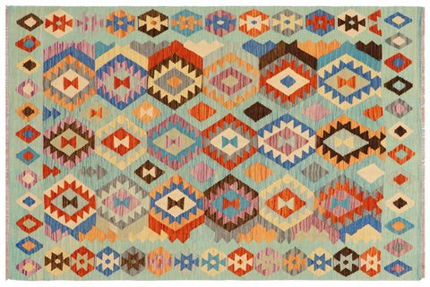 handmade Geometric Kilim Blue Rust Hand-Woven RECTANGLE 100% WOOL area rug 5x6