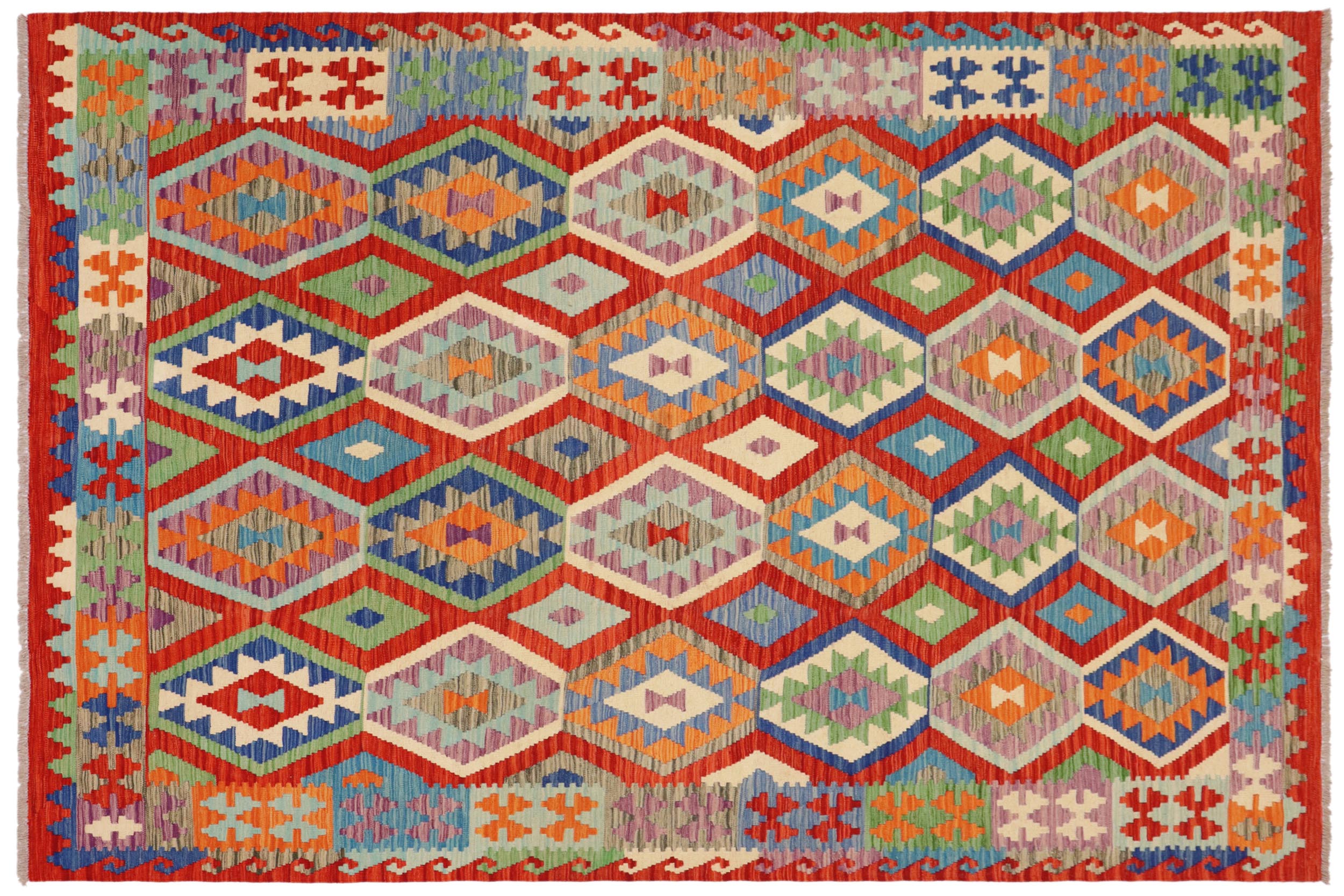 handmade Geometric Kilim Rust Blue Hand-Woven RECTANGLE 100% WOOL area rug 7 x 10