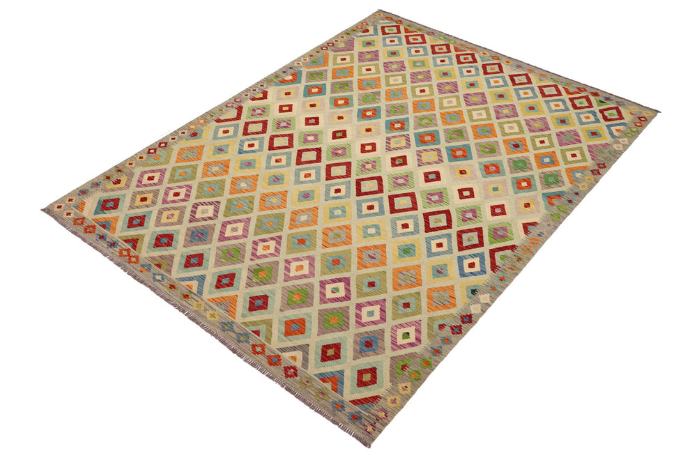 handmade Geometric Kilim Blue Gray Hand-Woven RECTANGLE 100% WOOL area rug 8 x 11