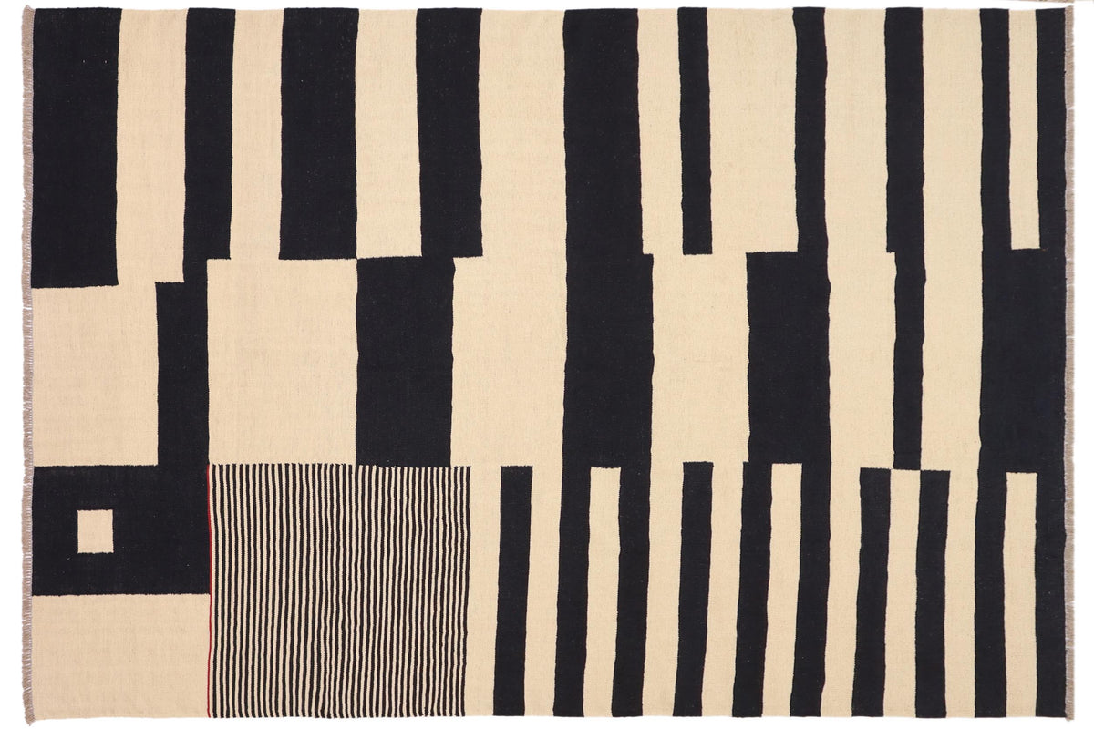 handmade Modern Kilim Beige Black Hand-Woven RECTANGLE 100% WOOL area rug 8' x 10'