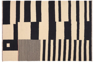 handmade Modern Kilim Beige Black Hand-Woven RECTANGLE 100% WOOL area rug 8' x 10'