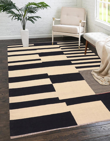 handmade Modern Kilim Beige Black Hand-Woven RECTANGLE 100% WOOL area rug 8' x 10'