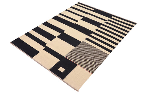 handmade Modern Kilim Beige Black Hand-Woven RECTANGLE 100% WOOL area rug 8' x 10'