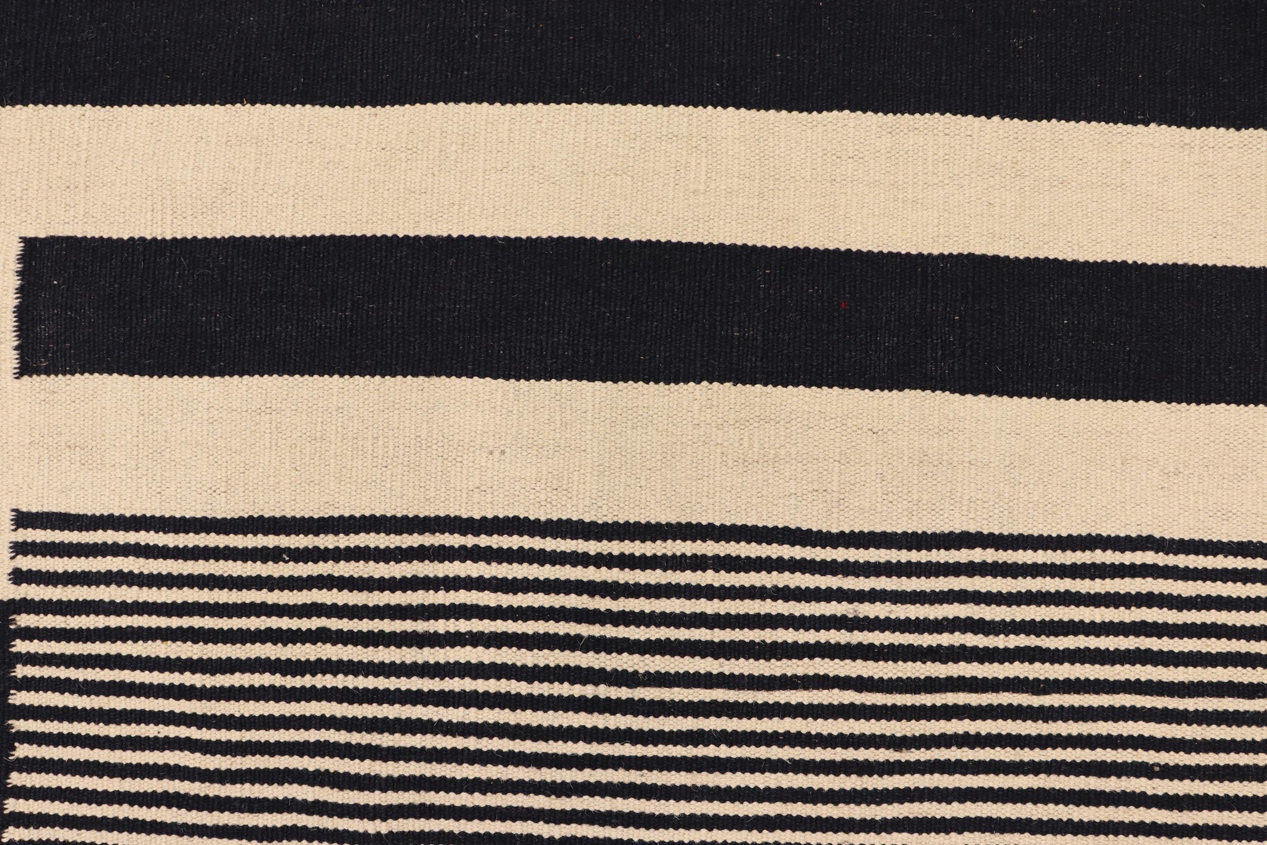 handmade Modern Kilim Beige Black Hand-Woven RECTANGLE 100% WOOL area rug 8' x 10'
