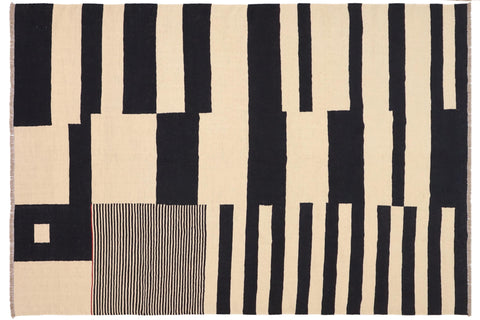 handmade Modern Kilim Beige Black Hand-Woven RECTANGLE 100% WOOL area rug 8' x 10'