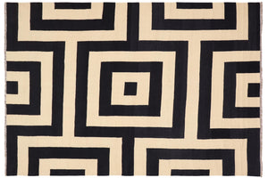 8x10 hand woven Turkish Flat Weave Kilim wool rug in beige and black - Abstract Turkish Talan