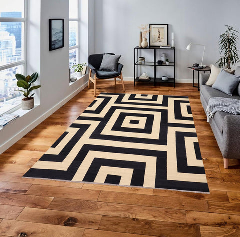 handmade Modern Kilim Beige Black Hand-Woven RECTANGLE 100% WOOL area rug 8' x 10'
