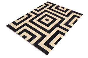handmade Modern Kilim Beige Black Hand-Woven RECTANGLE 100% WOOL area rug 8' x 10'