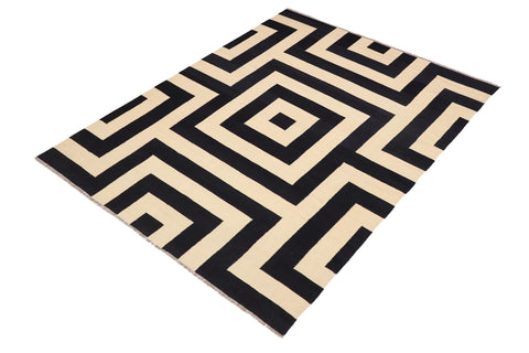 handmade Modern Kilim Beige Black Hand-Woven RECTANGLE 100% WOOL area rug 8' x 10'