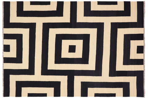 handmade Modern Kilim Beige Black Hand-Woven RECTANGLE 100% WOOL area rug 8' x 10'