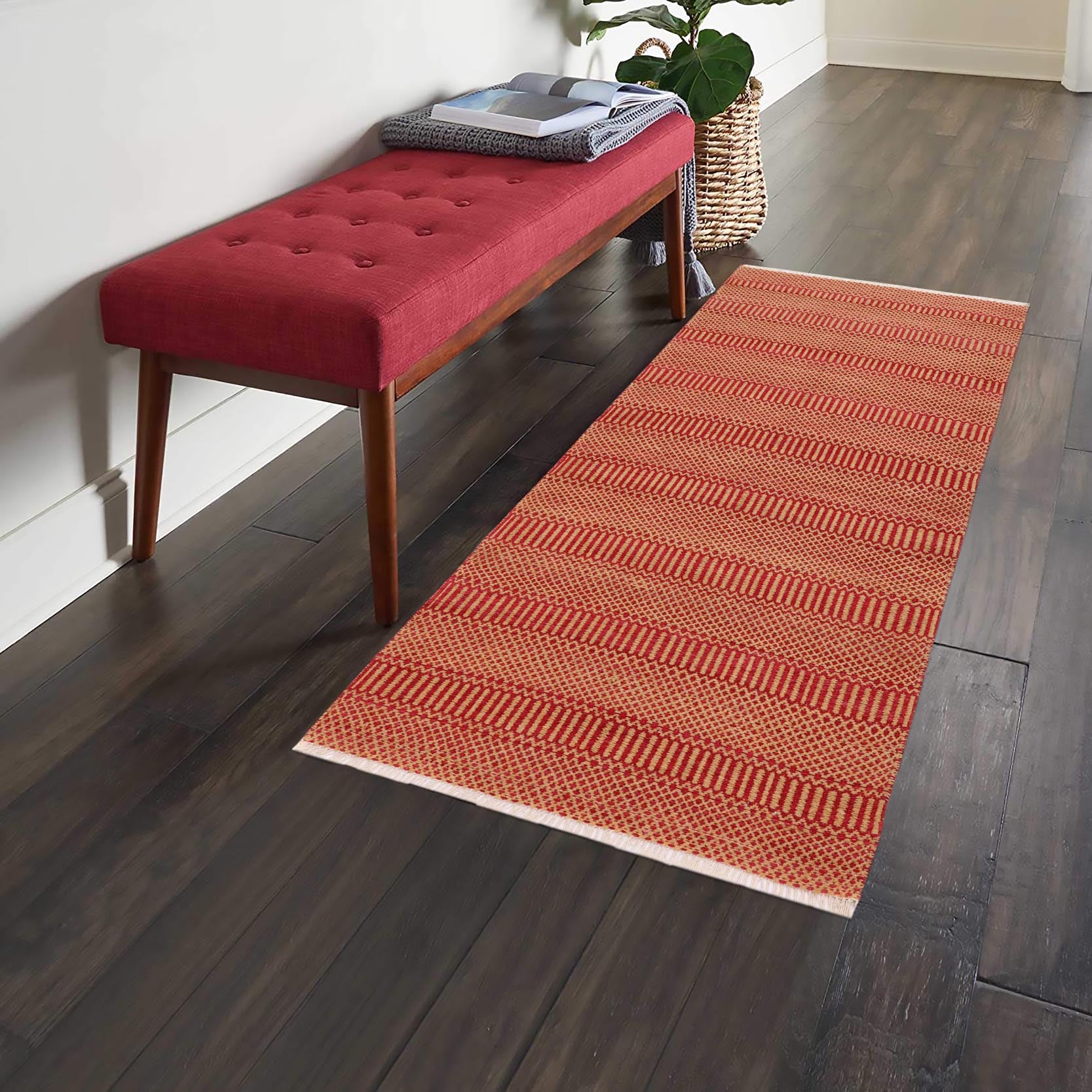 handmade Modern Kilim Pink Orange Hand-Woven RUNNER 100% WOOL area rug 3' x 7'