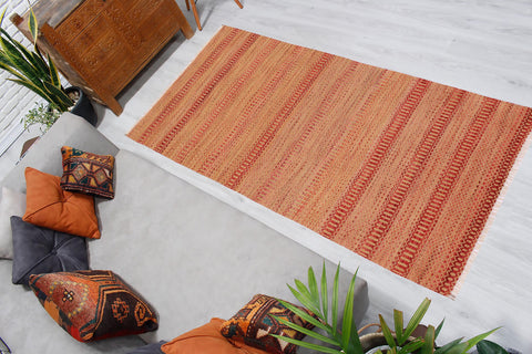 handmade Modern Kilim Red Beige Hand-Woven RUNNER 100% WOOL area rug 3' x 7'