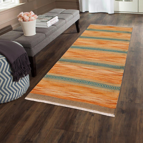 handmade Modern Kilim Orange Blue Hand-Woven RUNNER 100% WOOL area rug 3x7