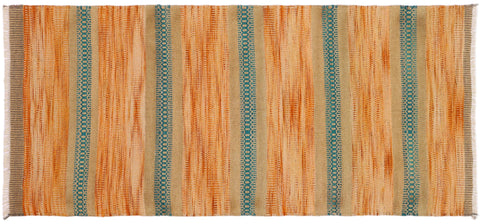 handmade Modern Kilim Orange Blue Hand-Woven RUNNER 100% WOOL area rug 3x7