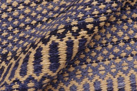 handmade Modern Kilim Blue Beige Hand-Woven RUNNER 100% WOOL area rug 3' x 7'