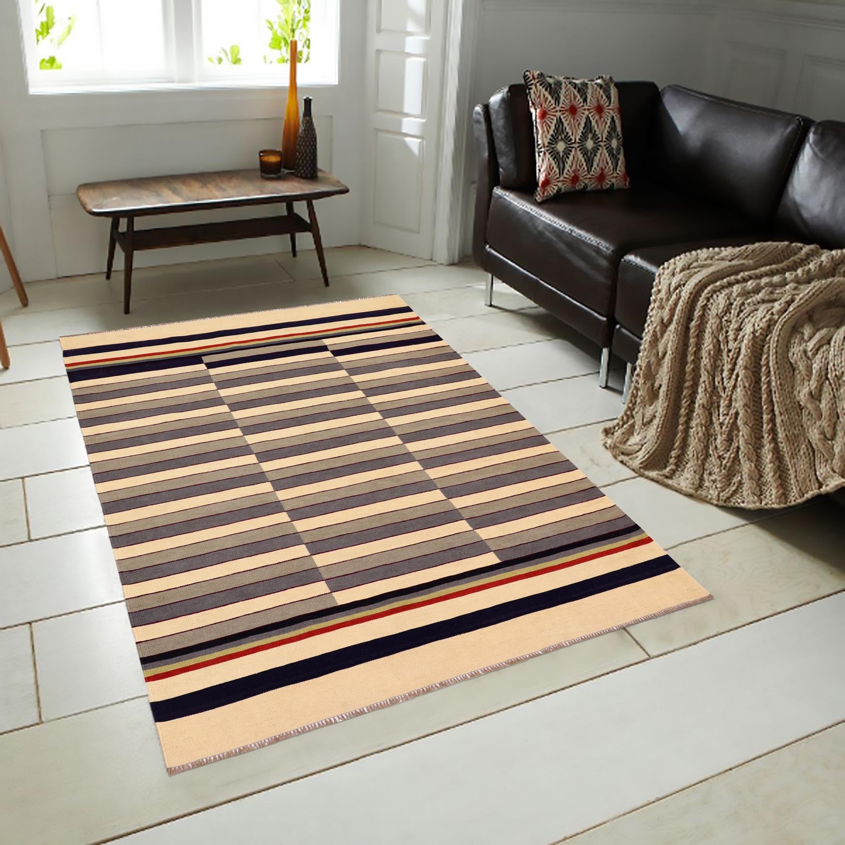 handmade Modern Kilim Gray Beige Hand-Woven RECTANGLE 100% WOOL area rug 6x8