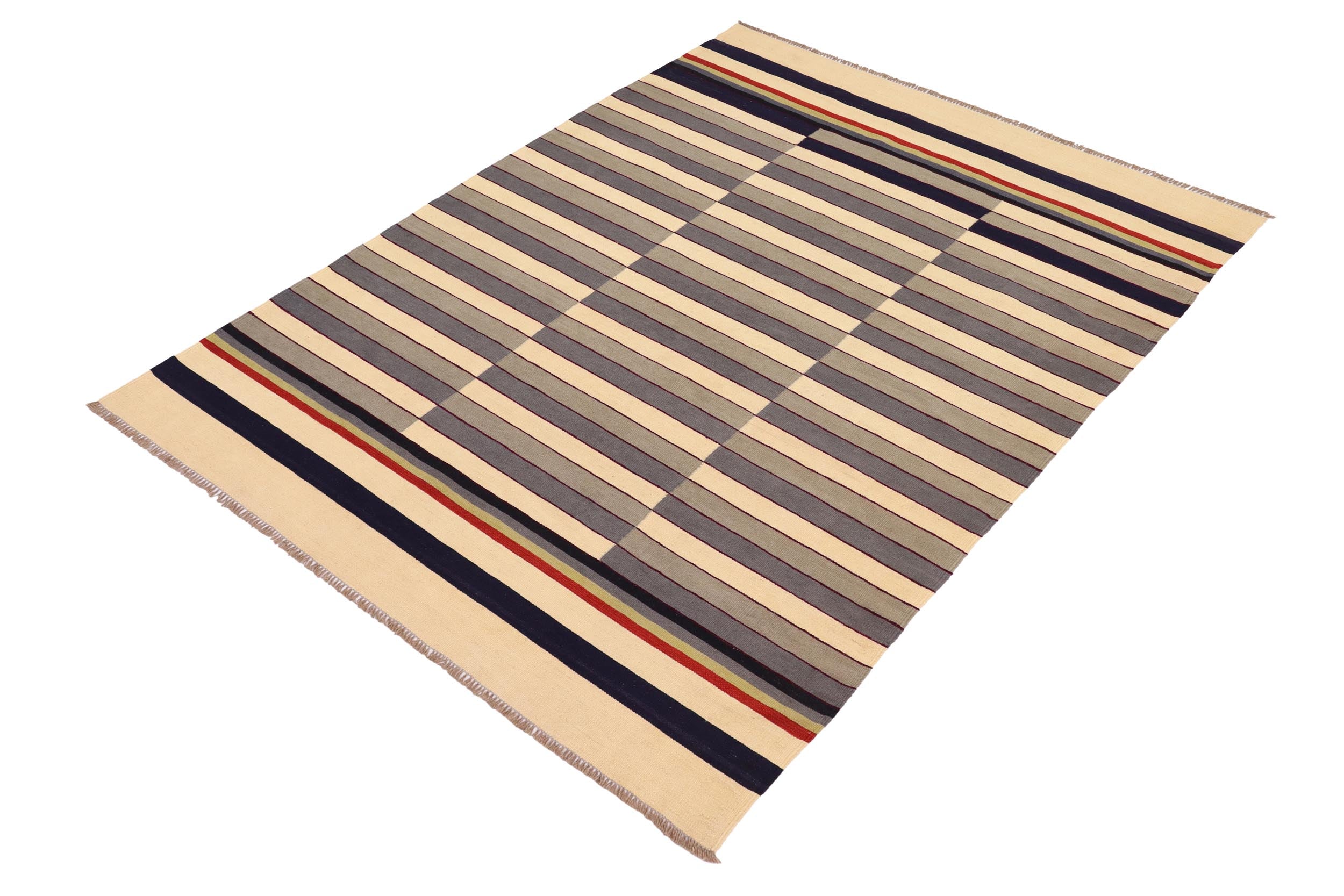 handmade Modern Kilim Gray Beige Hand-Woven RECTANGLE 100% WOOL area rug 6x8