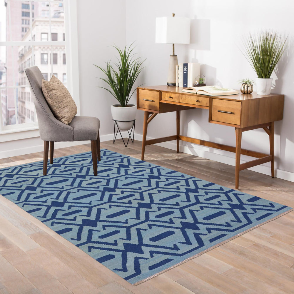 handmade Modern Kilim Blue Blue Hand-Woven RECTANGLE 100% WOOL area rug 4' x 6'