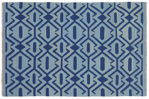 handmade Modern Kilim Blue Blue Hand-Woven RECTANGLE 100% WOOL area rug 4' x 6'