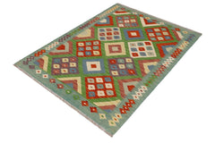 Flat Weave Kilim Antique Navaho Vintage handmade Modern Kilim Rust Blue Hand-Woven Rectangle 100% Wool Area Rug 3x5 
