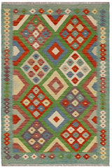 Flat Weave Kilim Antique Navaho Vintage handmade Modern Kilim Rust Blue Hand-Woven Rectangle 100% Wool Area Rug 3x5 