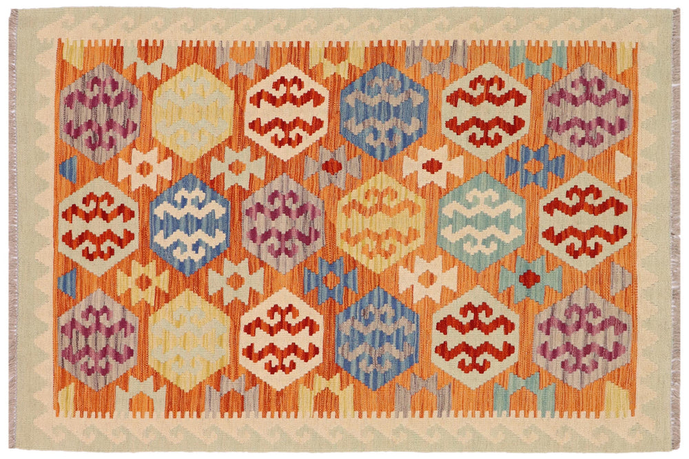 handmade Geometric Kilim Rust Beige Hand-Woven RECTANGLE 100% WOOL area rug 3 x 5