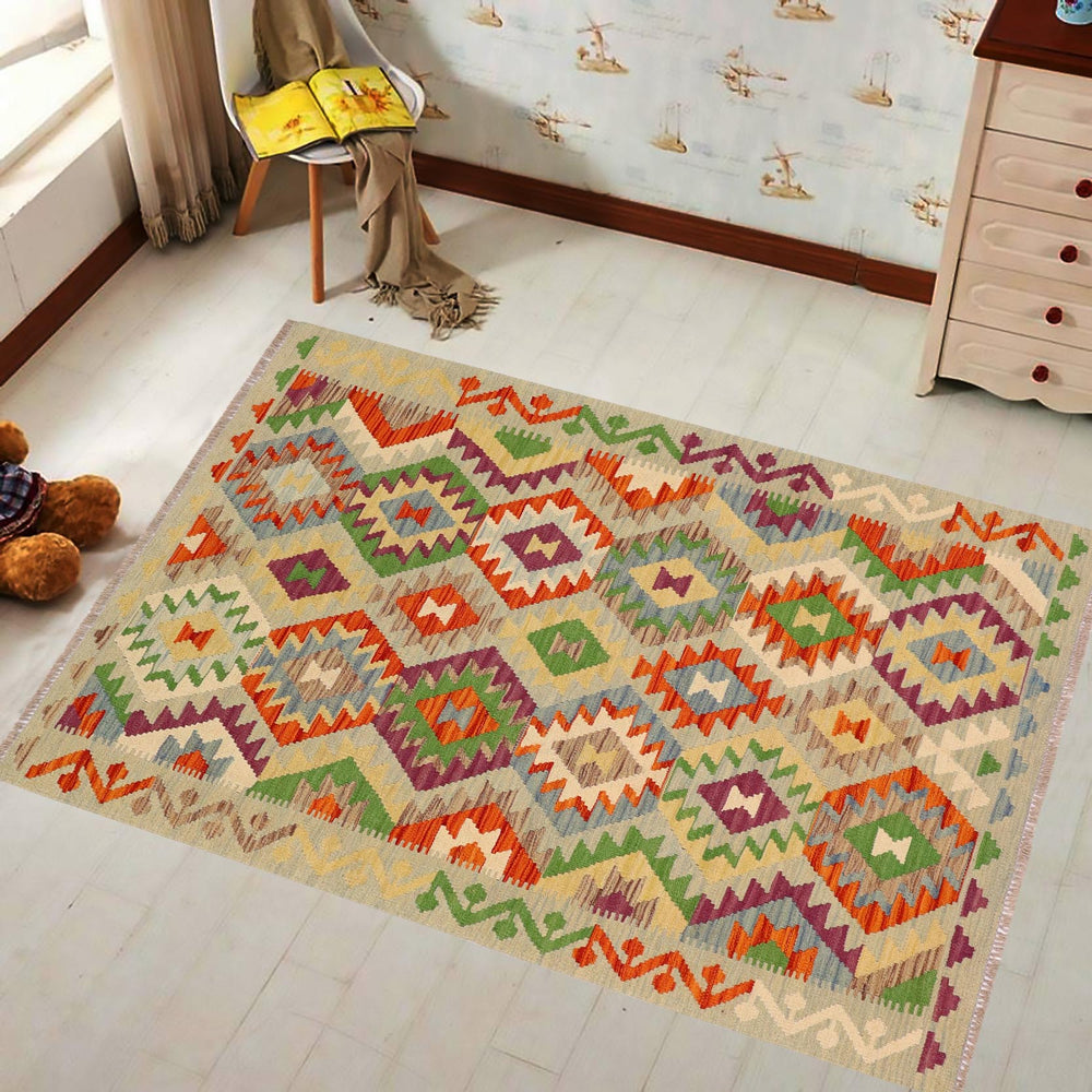 handmade Geometric Kilim Blue Rust Hand-Woven RECTANGLE 100% WOOL area rug 4 x 5
