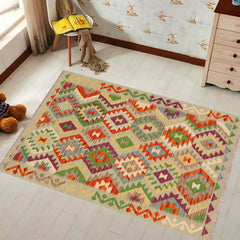 handmade Geometric Kilim Blue Rust Hand-Woven RECTANGLE 100% WOOL area rug 4 x 5