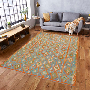 handmade Geometric Kilim Blue Rust Hand-Woven RECTANGLE 100% WOOL area rug 8 x 11