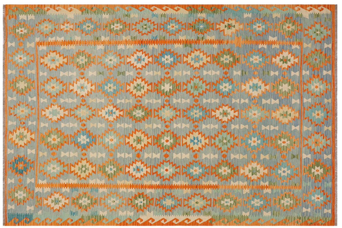 8x11 hand woven Turkish Kilim wool rug in blue and rust - Chic Emilee Turkish