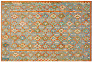 8x11 hand woven Turkish Kilim wool rug in blue and rust - Chic Emilee Turkish