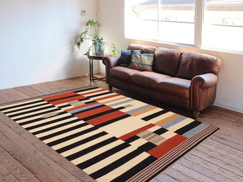 handmade Modern Kilim Rust Blue Hand-Woven RECTANGLE 100% WOOL area rug 3x6
